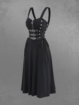 Rosegal Gothic Side Lace Up Half Zipper PU Strap Buckle Grommet A Line Backless Tank Dress