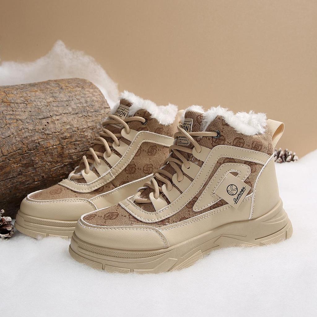 Damskie śniegowce do połowy łydki, podszyte polarem, skórzane, kolekcja Jesień/Zima 2025: Sportowe buty bawełniane z blokami kolorów, na grubej podeszwie, sznurowane