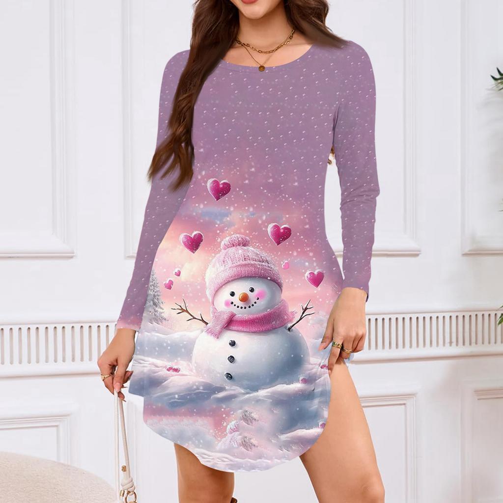 Women's Long-sleeved T-shirt Dress With Round Neck, Knee-length, Loose Fit, Casual And Pockets