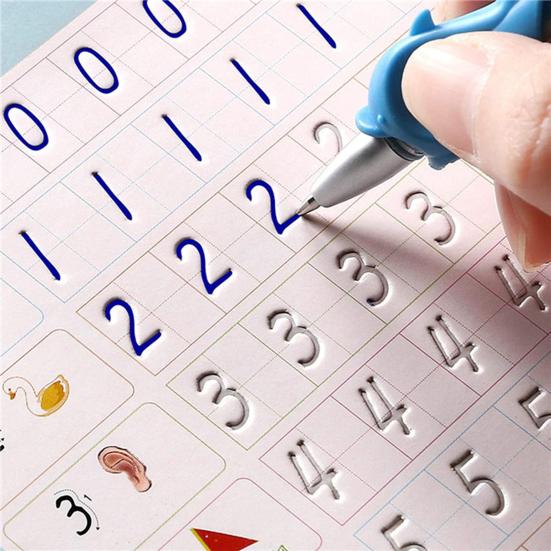 4Pcs/Set Grooved Copybook Handwriting Workbook Kit with Letters Numbers Tracing Reusable Math Drawing Practice Book for Kids