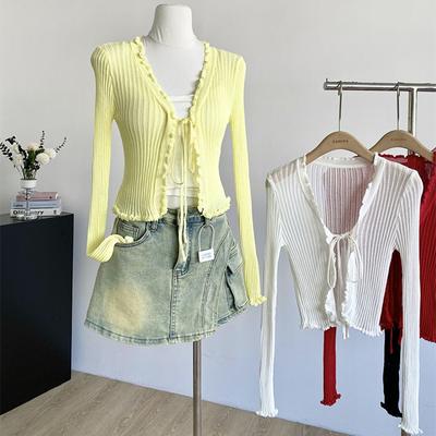 New Spring Lace Up Knitted Cardigan Women's Sweaters Summer Thin Air Conditioning Cover Shirt Casual Slim Shawl Sweater Y2k Tops
