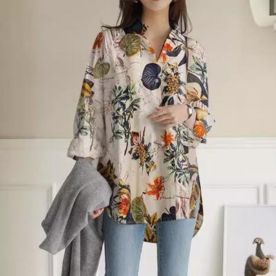 Chemises boutonnées à imprimé floral vintage pour femmes, printemps, manches longues, chemise en coton et lin pour femmes, haut à revers grande taille