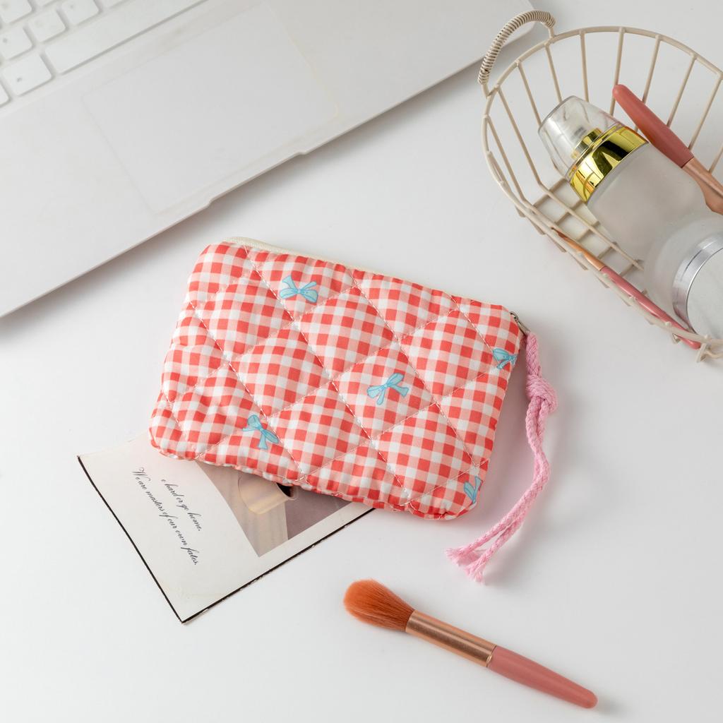 New Plaid Bow Coin Purse Zipper Coin Pouch Women Small Makeup Bag Headphone Data Cable Lipstick Pouch Cute Wallet Cute Purse