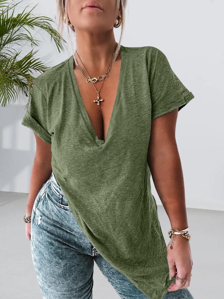 Tunic Top da Donna con Scollo a V Profondo, Manica Corta, Oversize, Ampio, Spacco Laterale