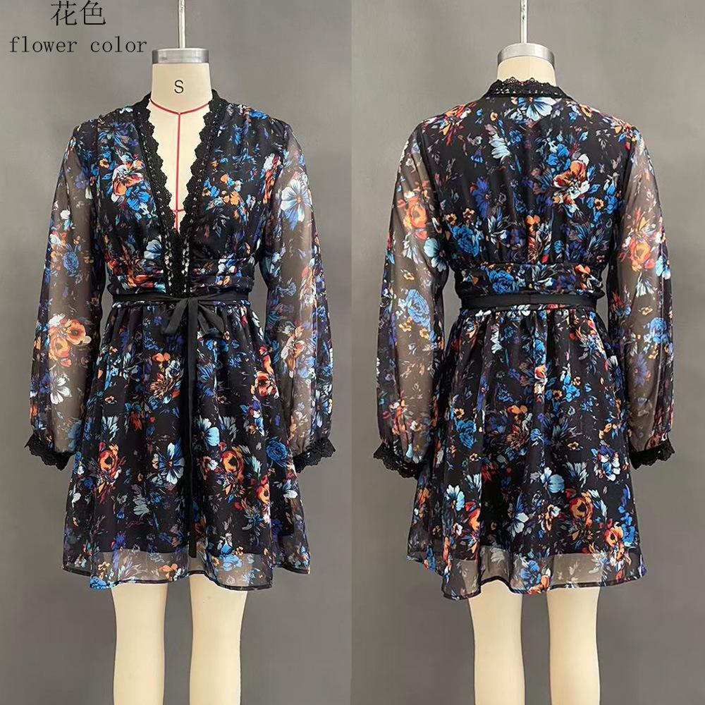 Women Long Sleeve Deep V Neck Lace Trim Floral Print Dress with Bow S