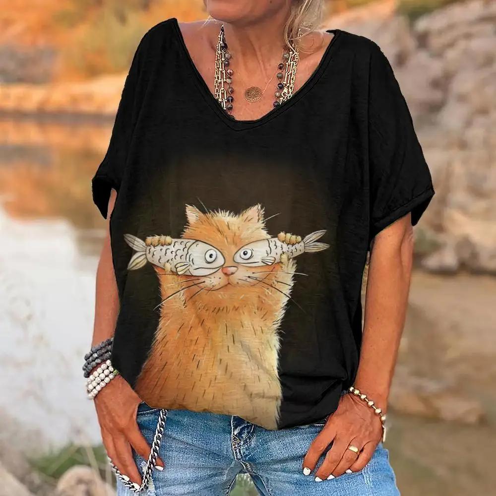 Summer Women Funny Cartoon Cat T-shirt Fashion V-Neck Tops Tees Female Casual Short Sleeve Clothing Ladies Vintage Outfit