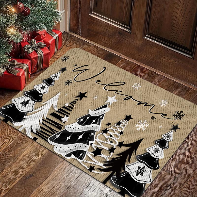 Luxury Golden Holly Pine Letter Front Entry doormat Black Base Merry Christmas Script Bauble Border Print Decor Rug