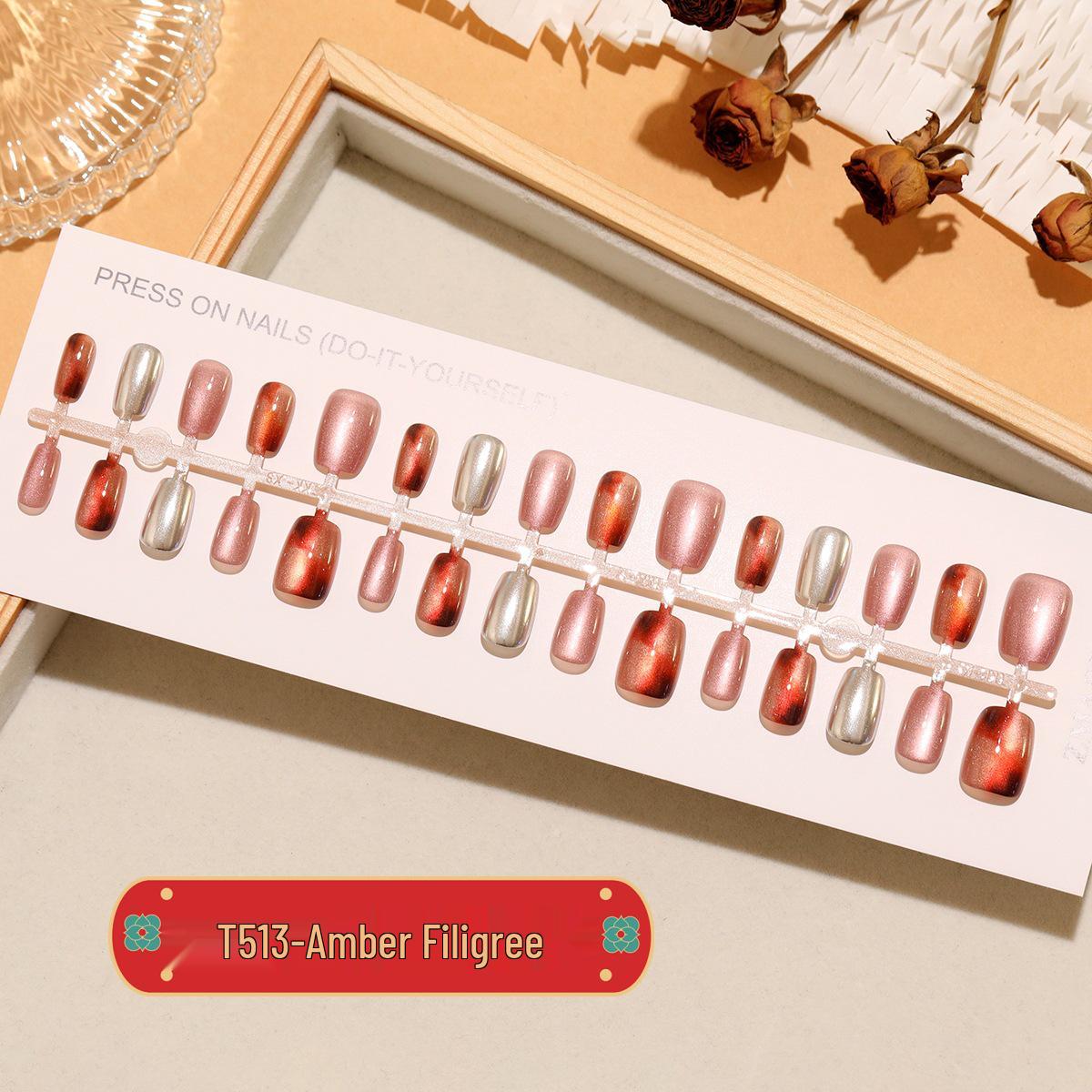 

Amber Ombre Cat Eye Press-On Nails - Filigree Silver & Brown, Super Short, 30 Pieces, Autumn/Winter Collection Full Set S/S/S