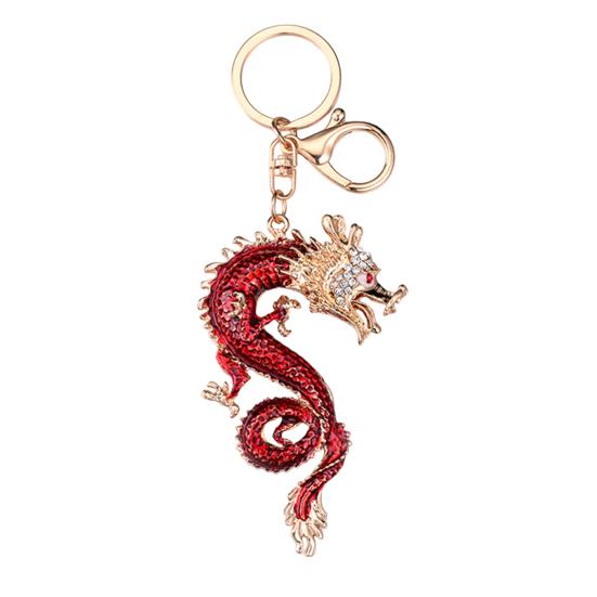 Keychain Sparkling Rhinestones Inlaid Dragon Design Keychain Pendant Enamel Oil Drip Process Polished Edges Spring Buckle Key Holder Backpacks