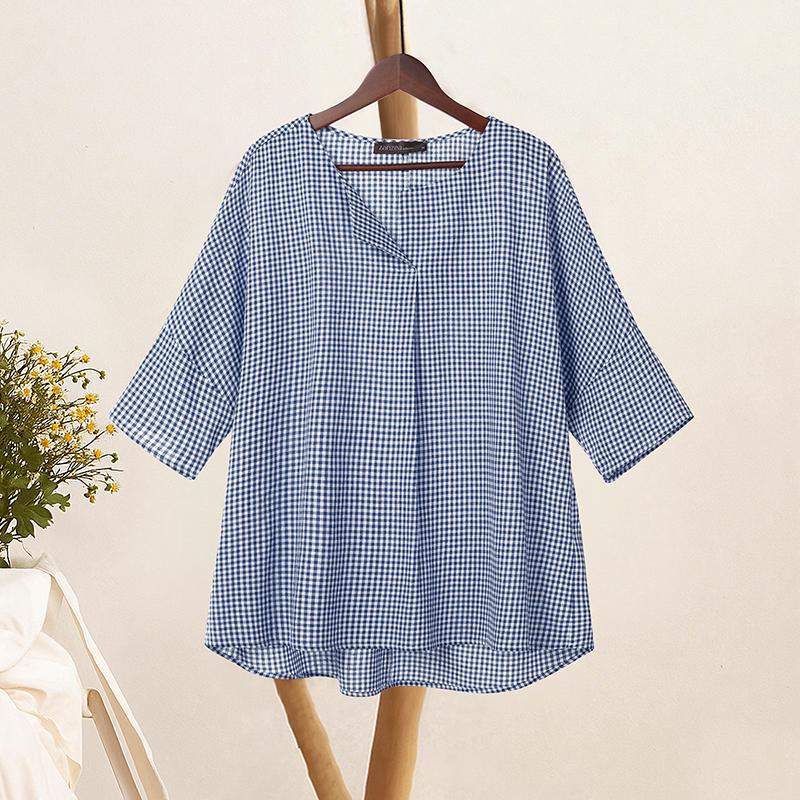 

ZANZEA Women Casual V-Neck Loose Half Sleeve Grid Print Blouse 5XL тёмно-синий