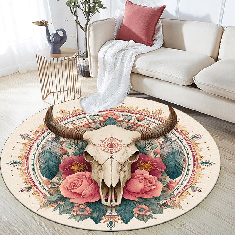 Bohemian Buffalo Skull Round Area Rug,Carpet Rug for Living Room Bedroom Sofa Playroom Decor,Non-slip Floor Mat
