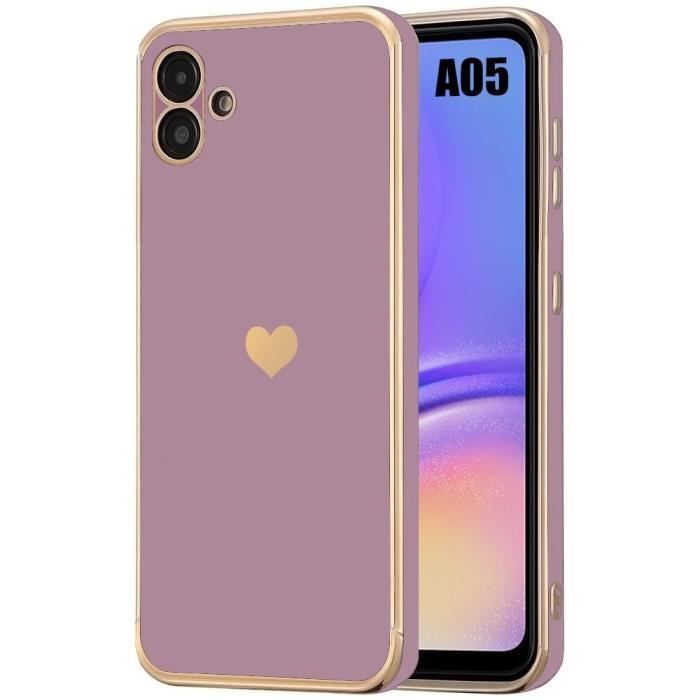 Coque de protection - BOOLING - Samsung Galaxy A05 - Silicone Antichoc - Motif Cœur Doré - Violet