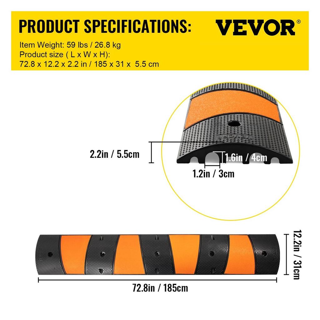 Rubber Speed Control Hump, Dual Channel, 2 Units, 72.8" Length, Supports Up to 22000 LBS, Dimensions 72.8 x 12.2 x 2.2, Suitable for Asphalt,