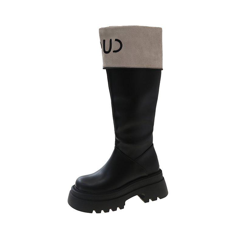 Thick-soled color-matching boots for women's 2025 autumn and winter new Xiaoxiangfeng tall knight boots, small but knee boots