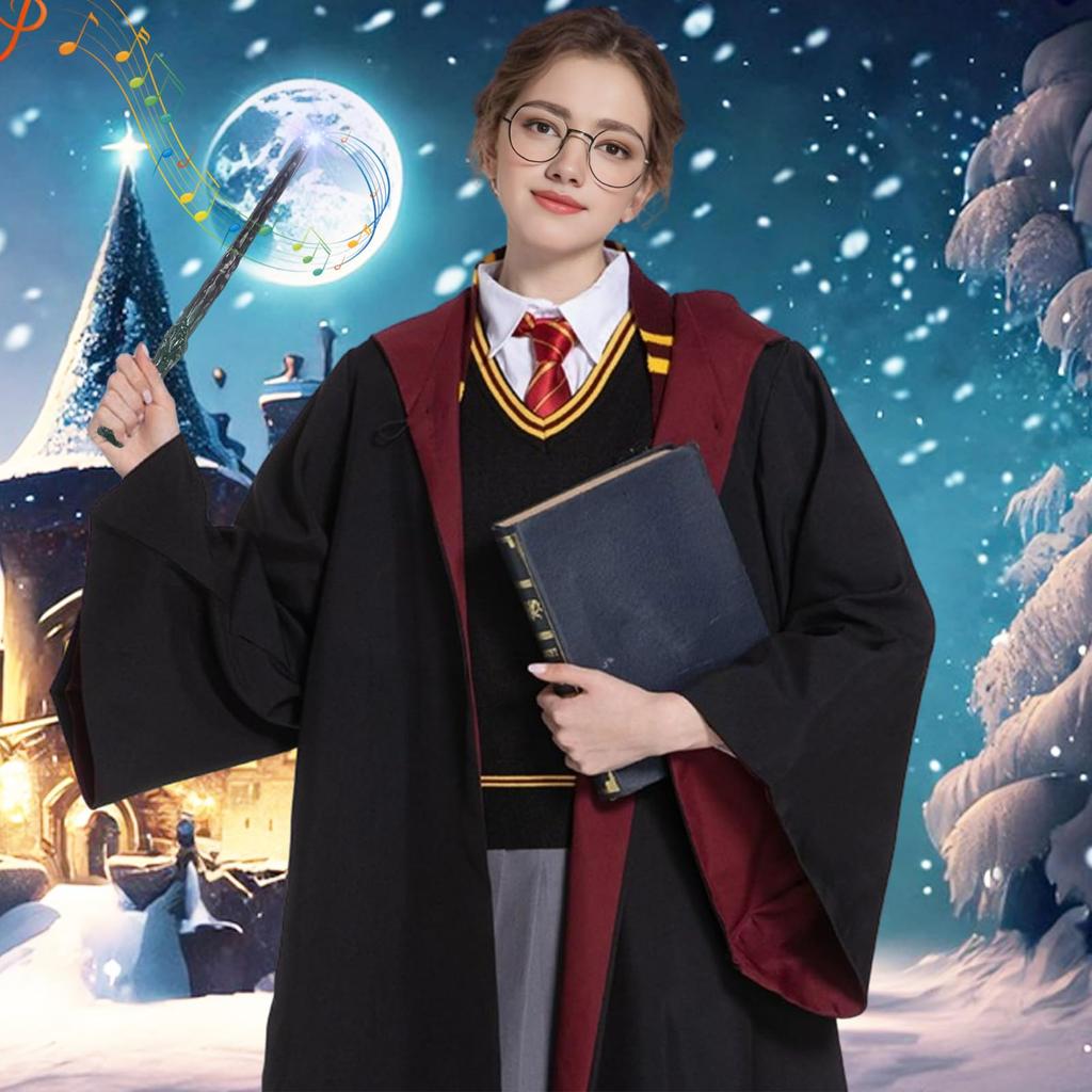 [Formemory] Halloween Magic Cosplay Gryffindor Costume Complete Deluxe 8-Piece Set (9 Sizes) Includes Magic Wand, Necklace, Bracelet, Magic Hat, and P