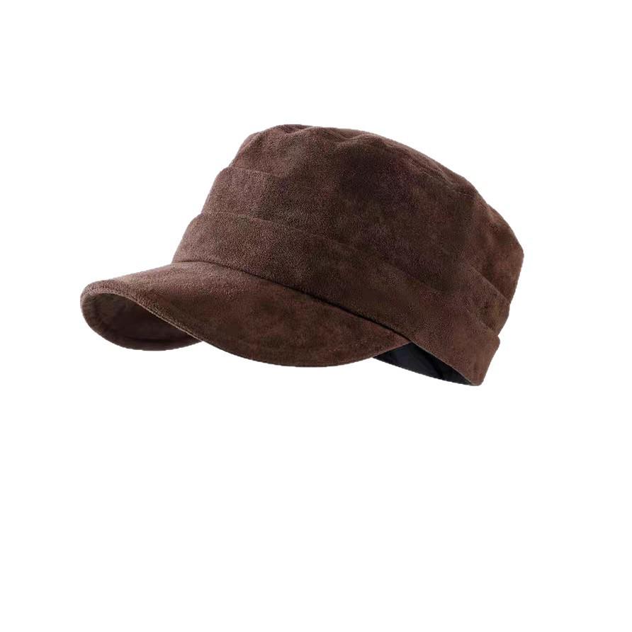 Korean Brown Equestrian Style Women's Flat Top Suede Cap - Face Slimming, Versatile for Spring and Autumn.