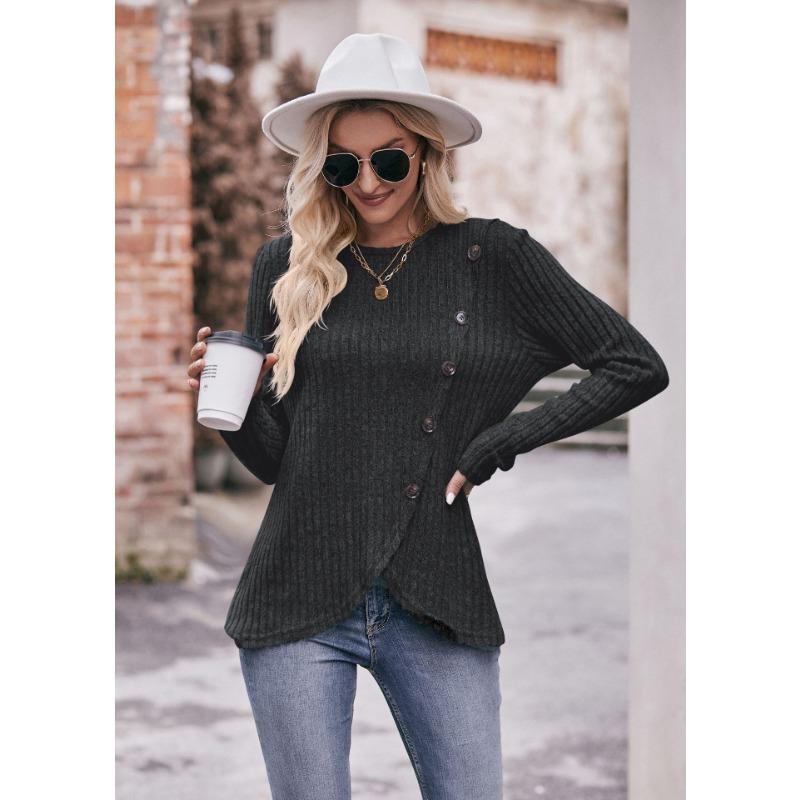 YYFS Damenmode, lässig, Frühling, Herbst, einfarbig, bedruckt, langärmelig, O-Ausschnitt, Blusen und Hemden