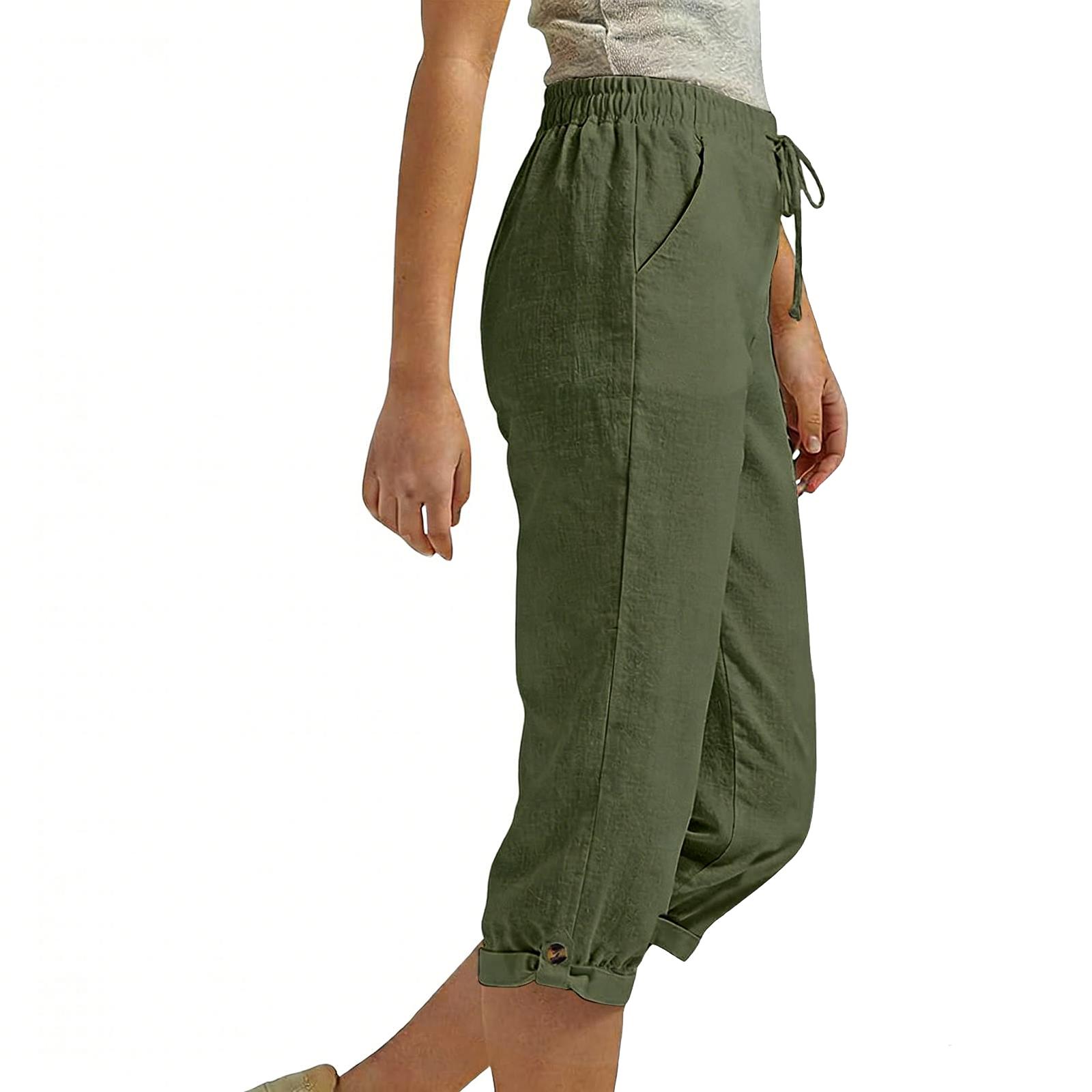 

Women s Fashion Elastic Drawstring Pocket Casual 7/8 Cropped Pants L армия зеленый