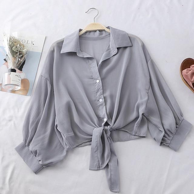Summer Half Sleeve Buttoned Up Shirt Loose Casual Blouse Chiffon Shirts Women Tied Waist Elegant Blouses for Women