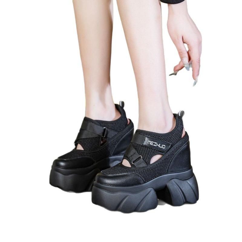 12cm Dam Sommar Luftnät Klumpiga Sneakers Sandaler Plattform Kile Mikrofiber Skor Mules Skor Ihålig Plattform Kile