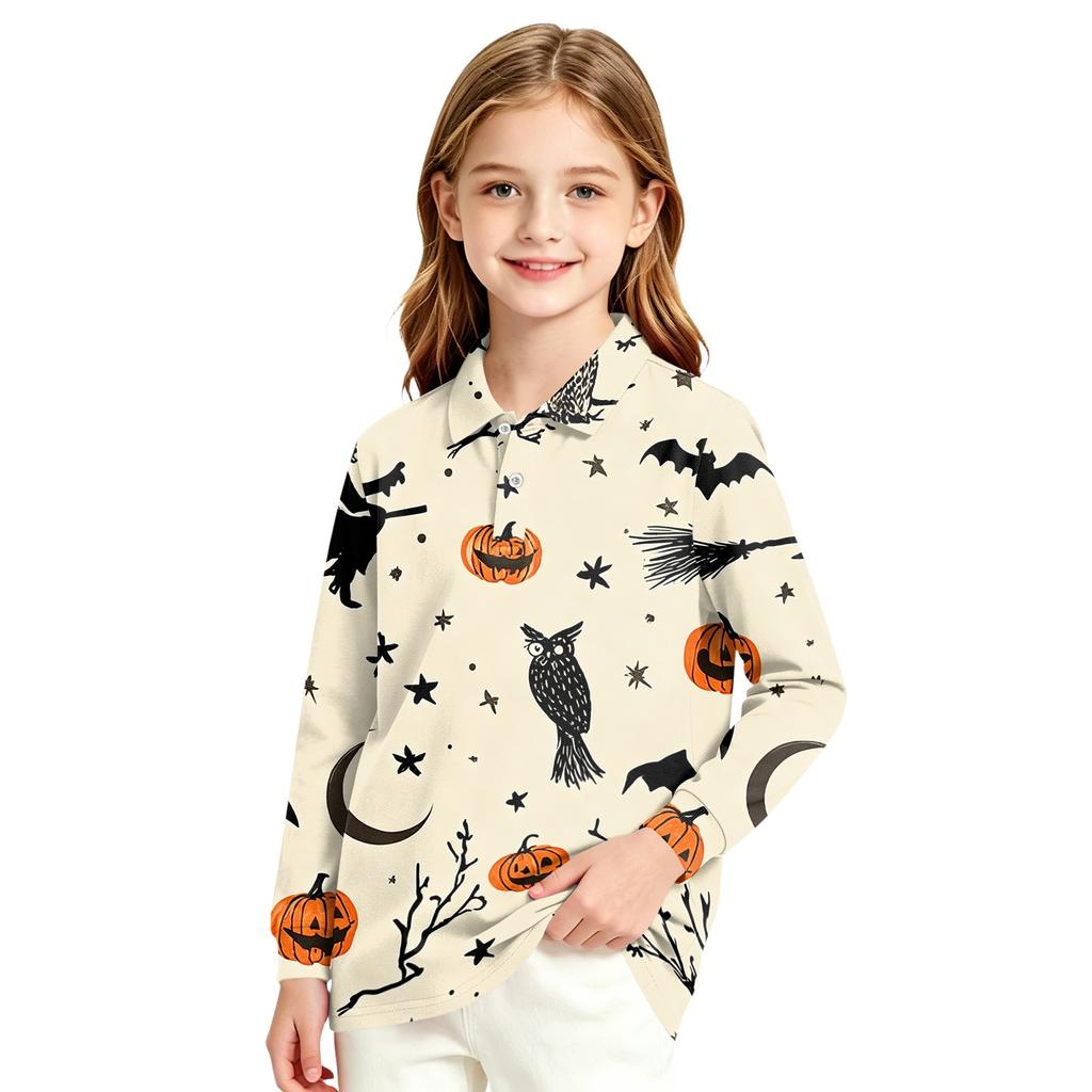 Girls' Long Sleeve Halloween Print School Uniform Blouse for Casual and Formal Wear
