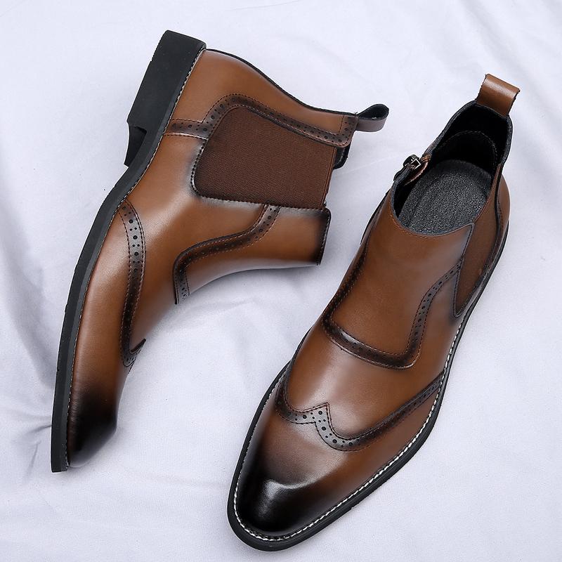 Classic Retro Man Chelsea Boots Men Brogue Leather Ankle Boots Fashion British Style Short Boots Versatile Casual Business Shoes
