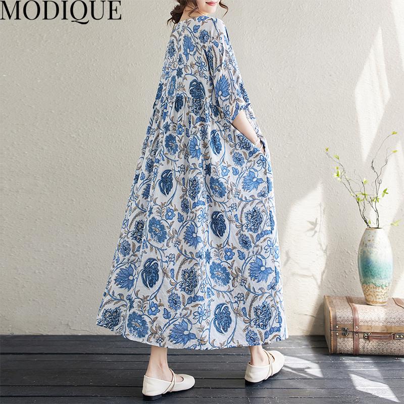 MODIQUE Sommer Übergröße Damen Locker Lässig Kurzarm Baumwolle Verlängerte Länge Druck Lange Kleider Weiblich Übergröße Kurzarm O-Ausschnitt Kleider Blau