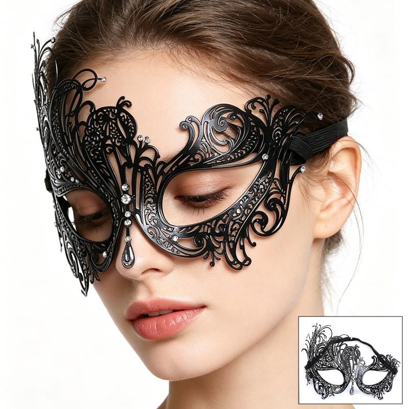 Halloween Metal Half Face Mask With Rhinestones Black Adult Cosplay Party Masquerade
