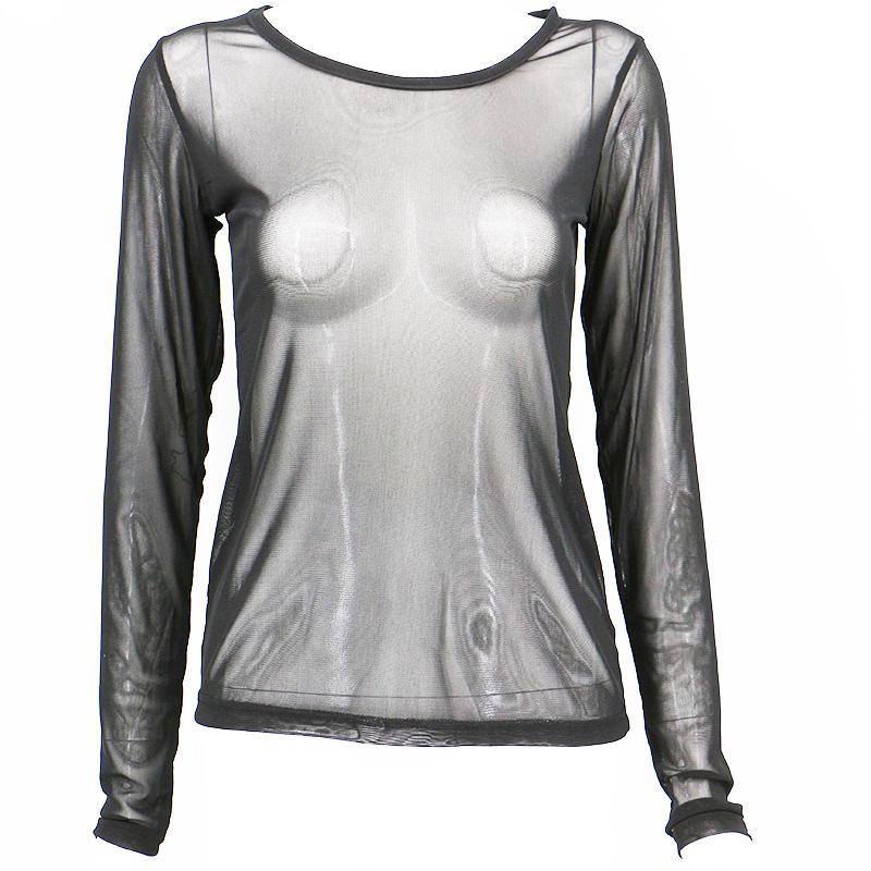 Women's Sexy Black Mesh Long Sleeve Shirt – Super Elastic, See-through, Perfect for Spring & Autumn