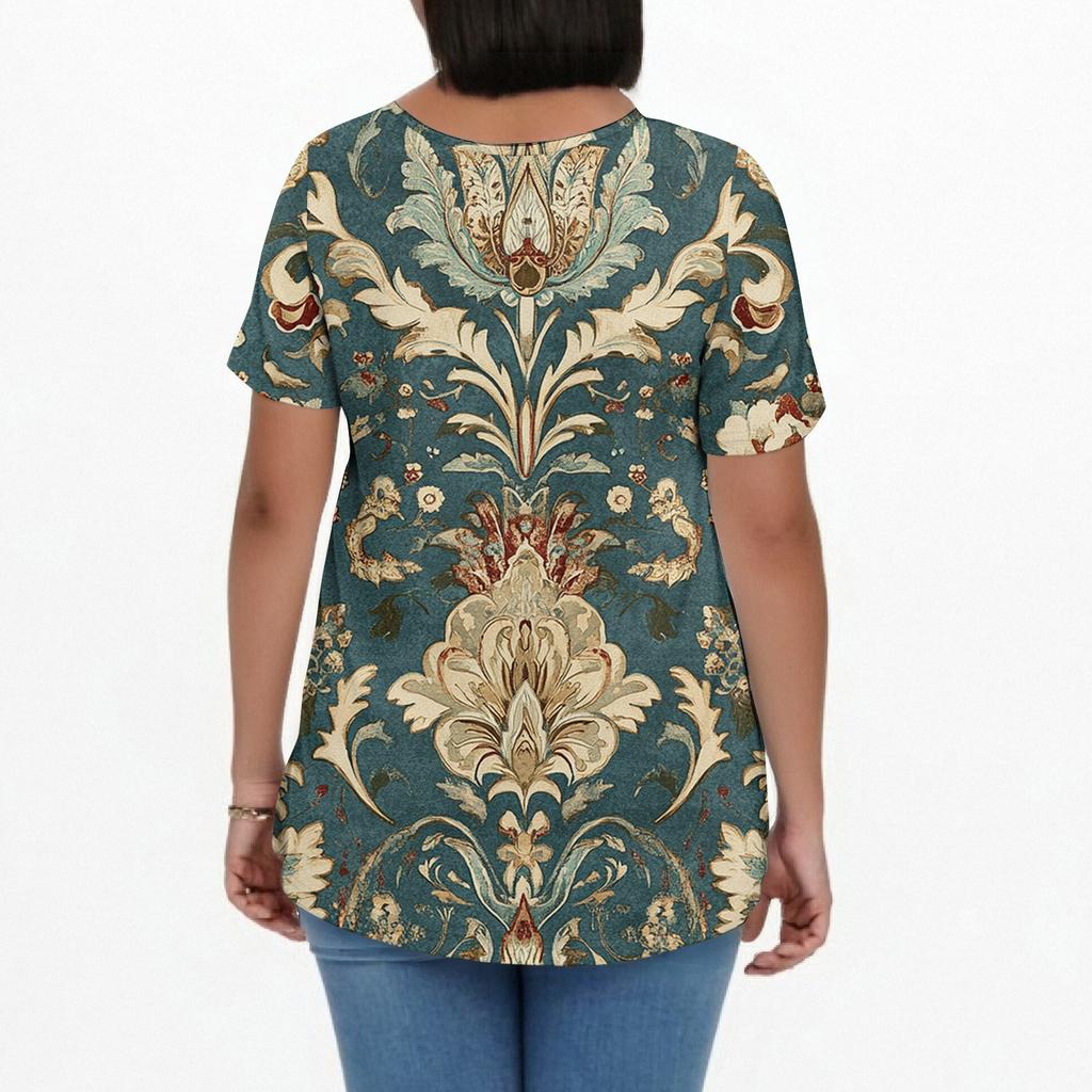 Women's Fashion Casual V-Neck Pullover Short Sleeve Large Size Vintage Printed Top