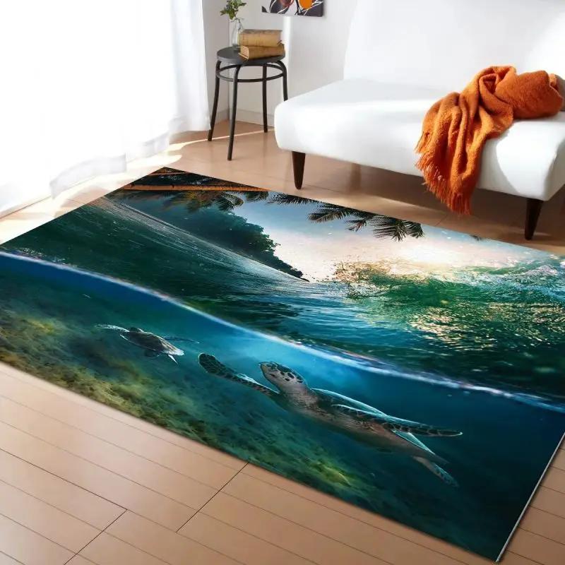 Alfombra Estampada de Olas Marinas para Decoración de Sala de Estar en Casa Felpudo Antideslizante para Dormitorio Mesita de Noche Alfombras para Área de Mesa de Café Felpudo para Baño