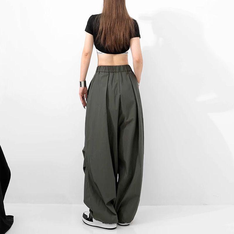 American Street Dance Hip Hop Quick Drying Drawstring Cargo Pants Jazz Women New Solid High Waist Pocket Loose Straight Trousers