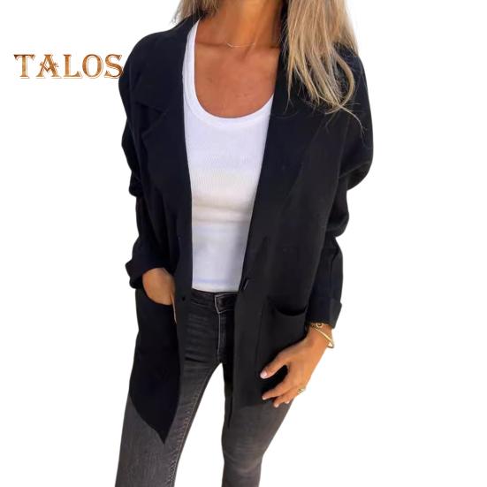 Damen Herbst Winterjacke Reverskragen Lockerer Freizeitmantel mit Tasche Einreihiges Einfarbiges Langarmoberteil