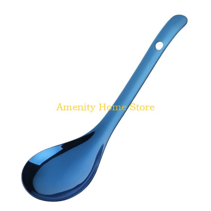 

F26C Metal Soup Spoons Stainless Steel Dinner Bouillon Spoons Milk Spoon Thick Teaspoon for Home Hotel Coffee Dessert Using синий