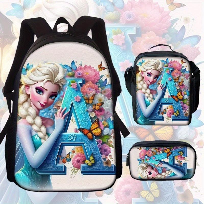 Zaino Scolastico Principessa Set da 3 Pezzi Grande Capacità Impermeabile Borsa a Spalla Astuccio Borsa a Tracolla per Bambini