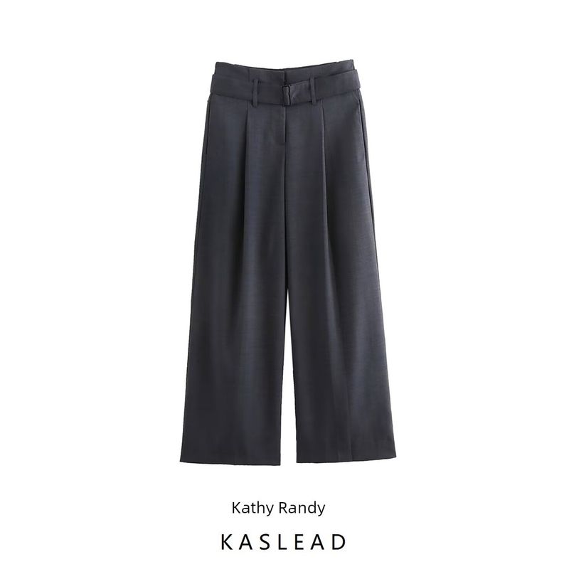 Kaslead New Arrival Women's Fashion Style Stylish Simple and Versatile Elegant with Belt Straight-leg Pleated Pants