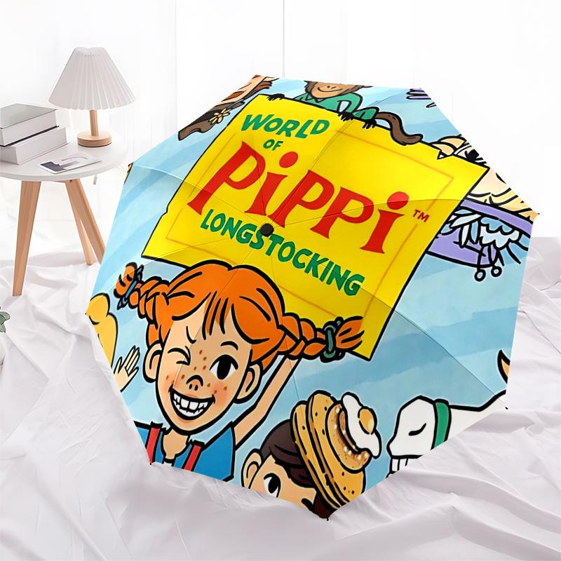 Pippi Langstrumpf Themen-ReiseregenSchirm - 8 Rippen, Automatisches Öffnen und Schließen, Tragbares FaltDesign, Kompakter und Stilvoller Schirm Geeignet