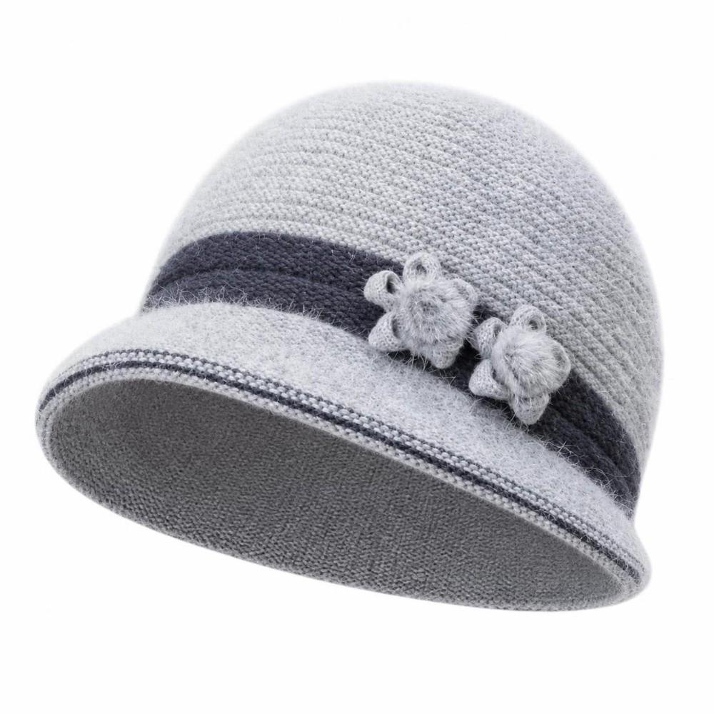 Plush Floral Decor Hat Warm Knit Basin Cap Fashion Middle-aged Elderly Bucket Hat Outdoor
