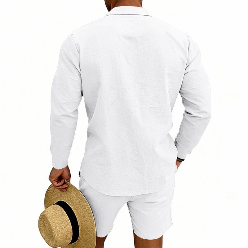 Men's Linen Summer Casual Long-Sleeve Polo Shirt and Shorts Set
