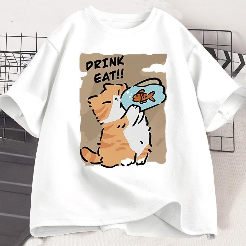 Funny Cat Eat Fish Tshirt Trend Printed Cotton Round Neck Tshirt Unisex and WOMEN with The Same Loose Casual Short Sleeve Tees