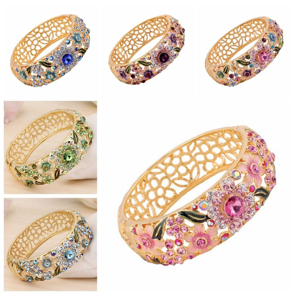 Enamel Chinese Cloisonne Bracelet Rhinestone Women's Hand Bracelet Hollow Out Flower Bangle  Gifts