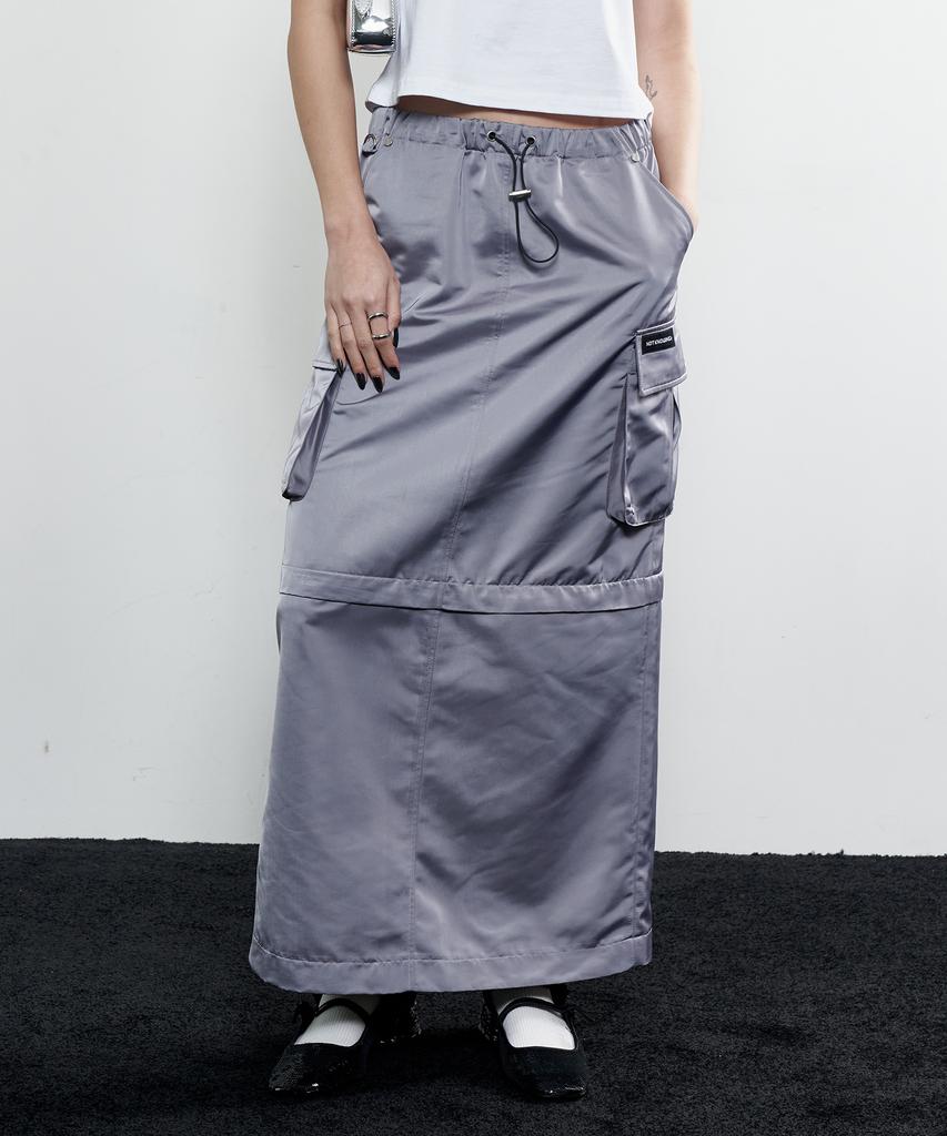 Nasnoing 2-Way Satin Maxi Cargo Skirt (Steel Gray)