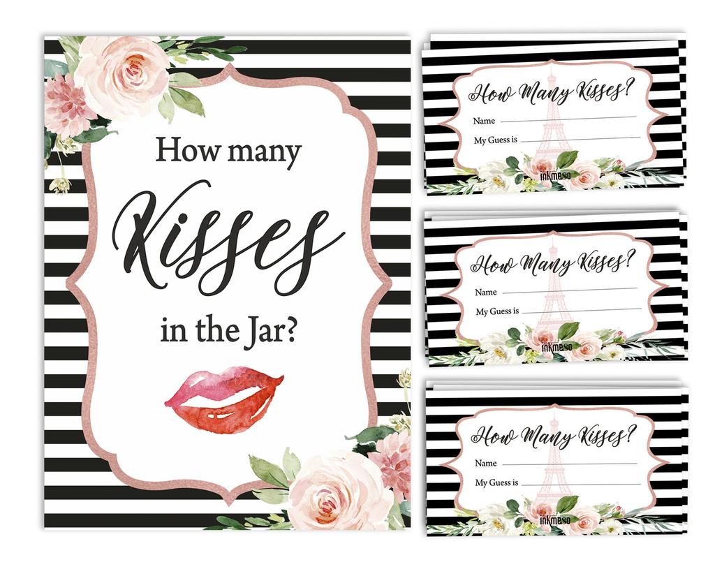 Inkdotpot 1 Sign + 30 Cards How Many Kisses in The Jar White Floral Eiffel Tower Bridal Shower Game