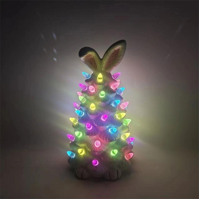 Easter Decoration White Pottery Rabbit Figurines Led Glowing Animal Ornament Rabbit Tree Crafts for Easter Party Decor