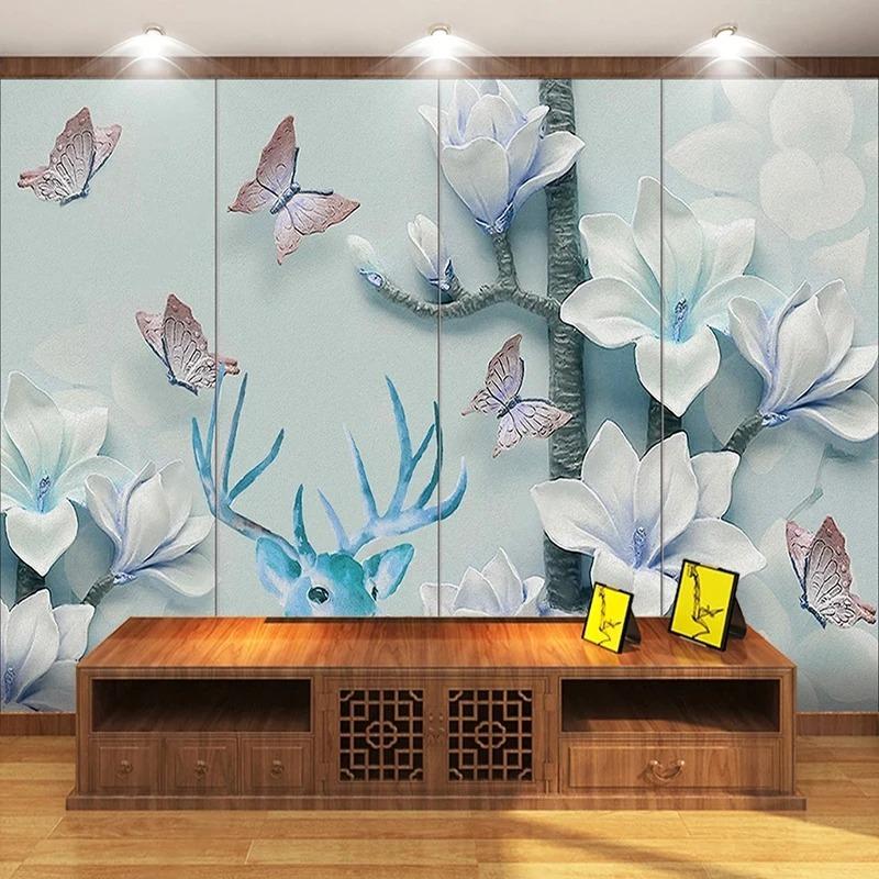 Modern 3d Wallpaper Relief Magnolia Flower Butterfly Mural Living Room Tv Sofa Bedroom Home Decor