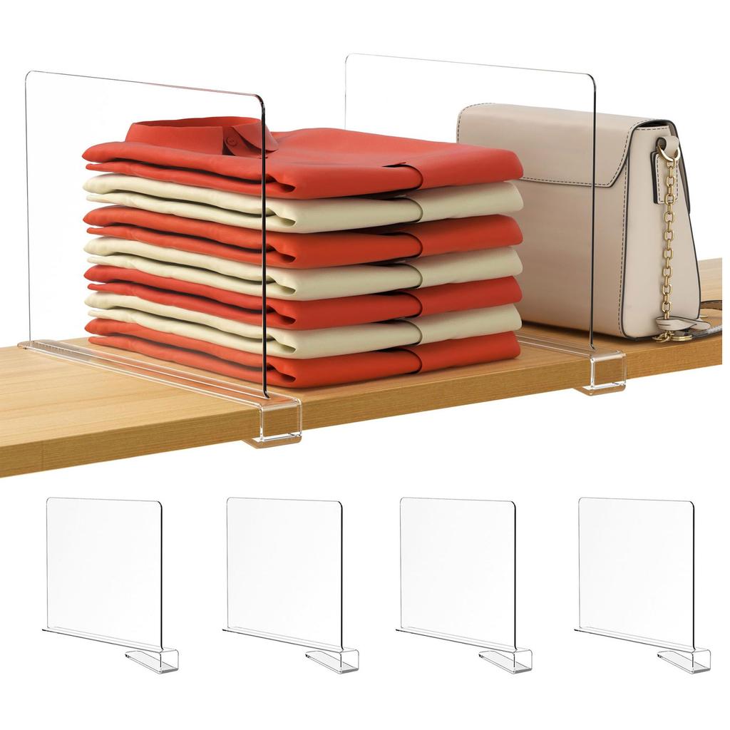 8 Pack Clear Acrylic Shelf Dividers, Wardrobe Organiser & Separator for Clothes, Towels and Bags, Tool- Partition for Wooden Shelves (F