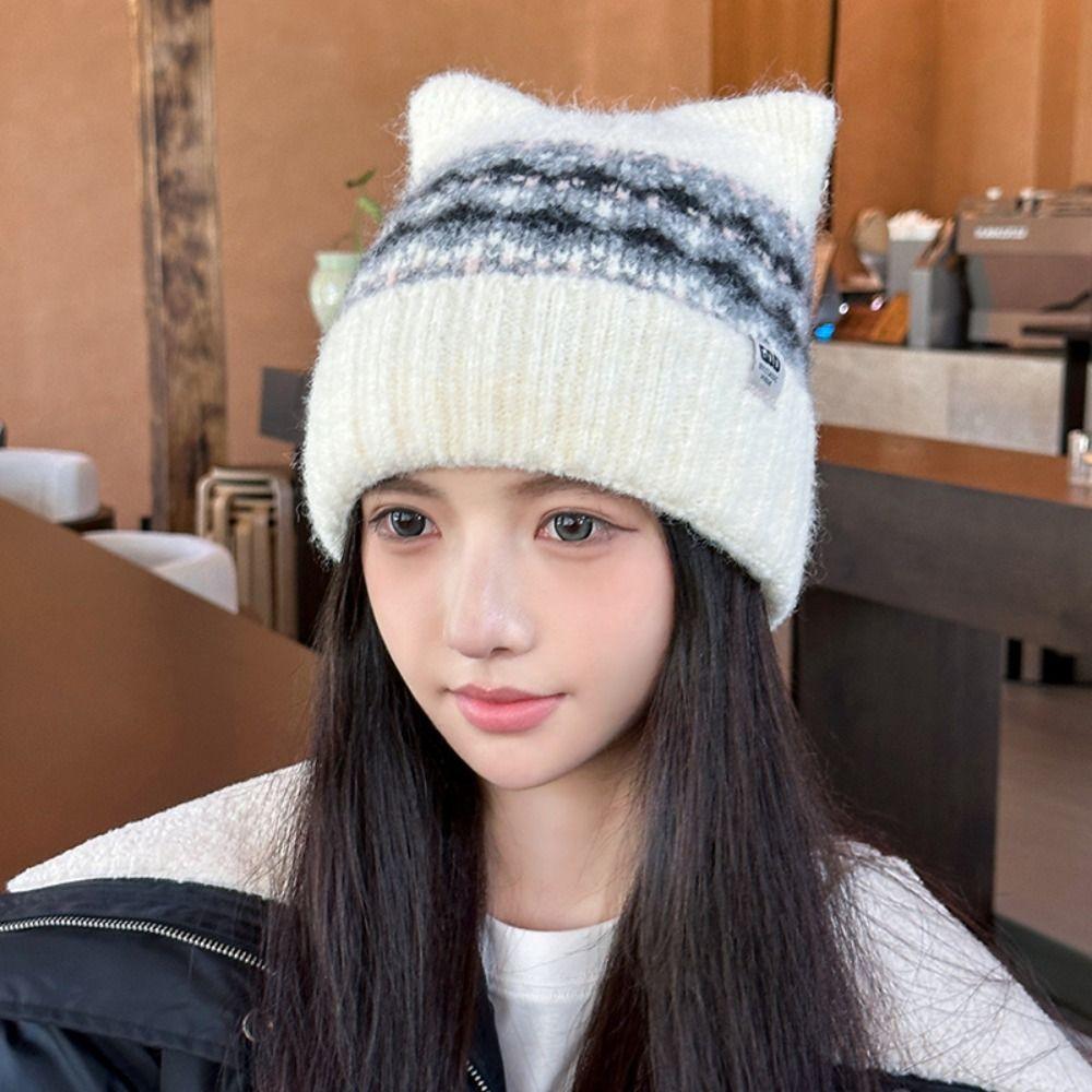 Fair Isle Style Jacquard Knitted Hat Printed Printing Knit Cap Sweet Cat Ears Beanies  Girls