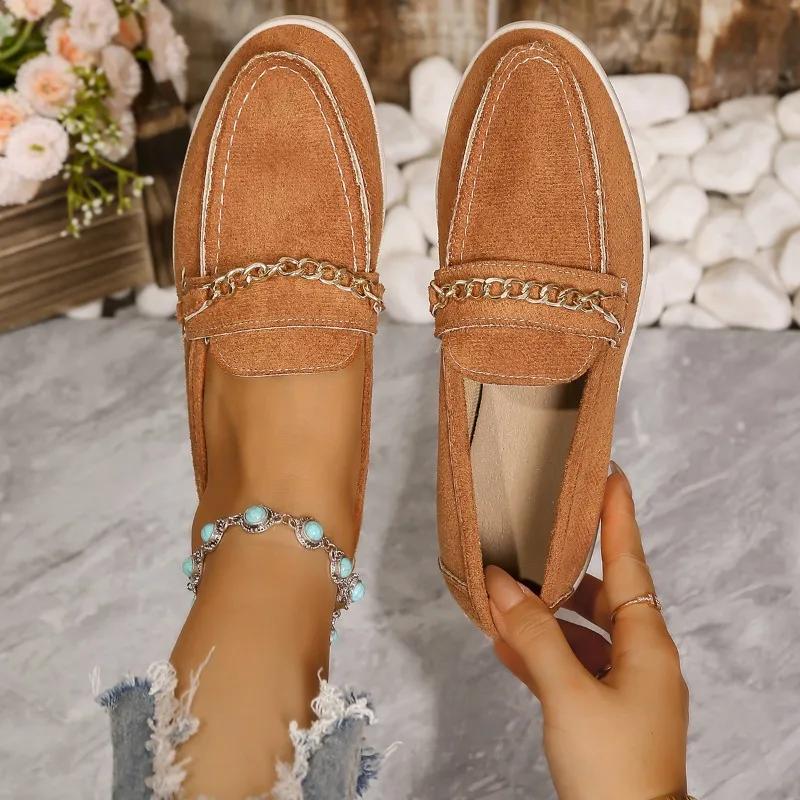 

Мода 2024 Новая обувь Женские слипоны Осенние с круглым носком Цепь Однотонная Мягкая подошва Повседневные Удобные Большие размеры Лоферы 43 коричневый
