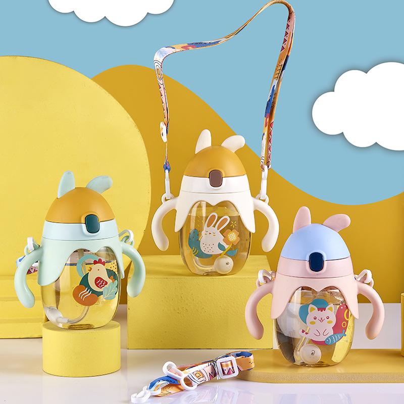 350ml Summer Childrens Cartoon Plastic Cup with Straw Flip Water Cup with Handle Baby Kindergarten Drinking Cup