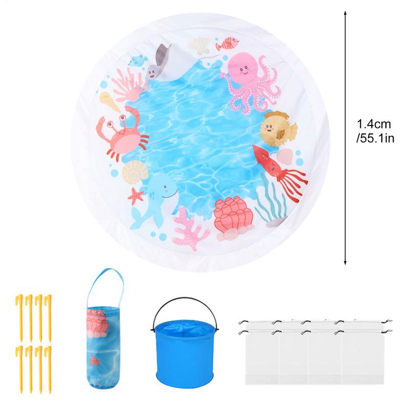 140cm Beach Kiddie Pool with Water Bucket and Carry Bag Foldable Toddler Paddling Pool Sandproof Water Play Summer Outdoor Toys